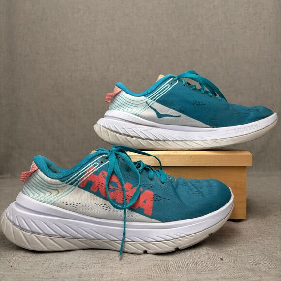 Hoka One One Shoes - Hoka One One Carbon X Shoes Teal White Mesh Sneaker Running Lace Up Women's 7.5